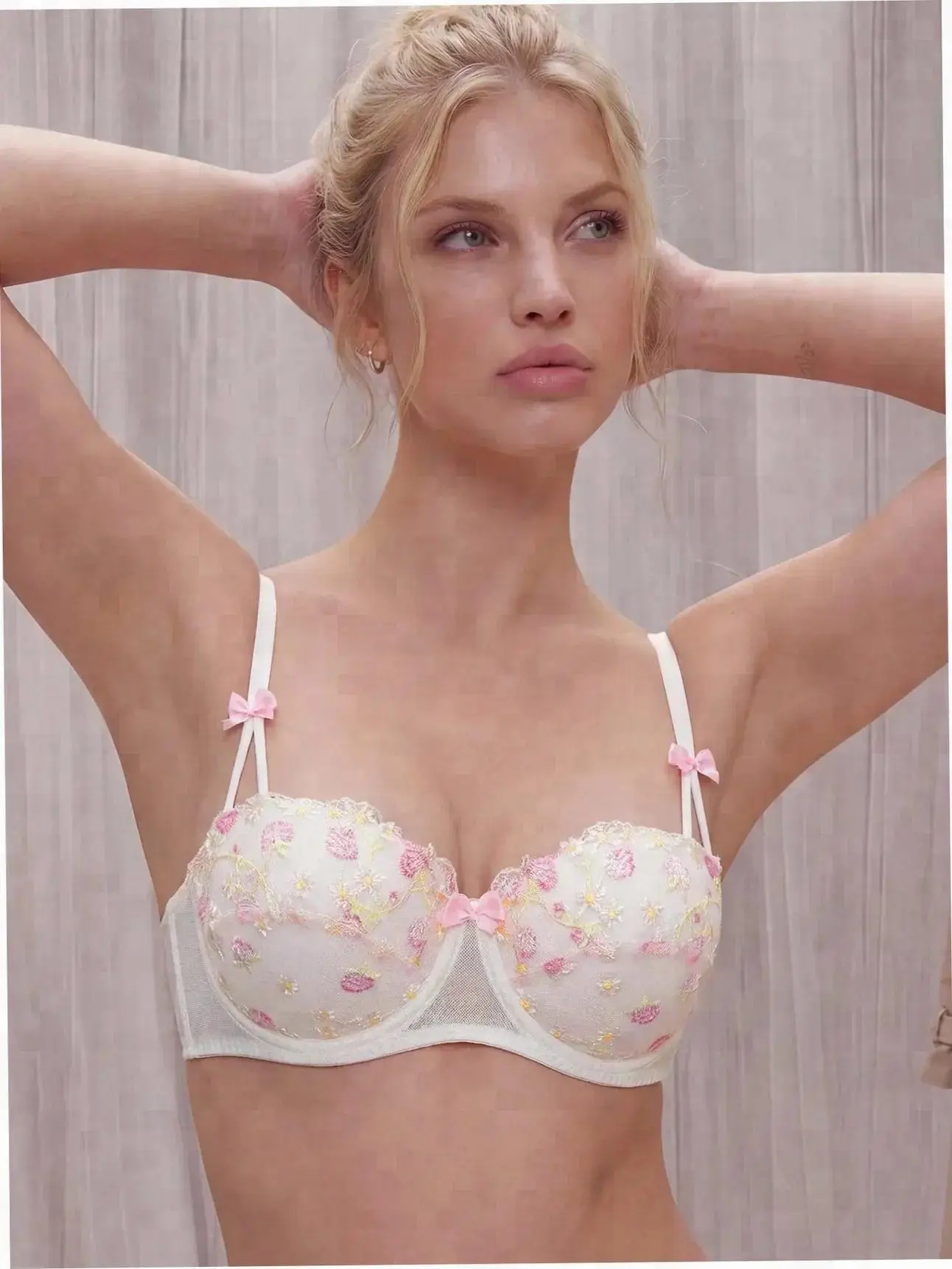MEAUS Balconette Bra Floral Embroidered Underwire Pink White Romantic Kawaii Lingerie