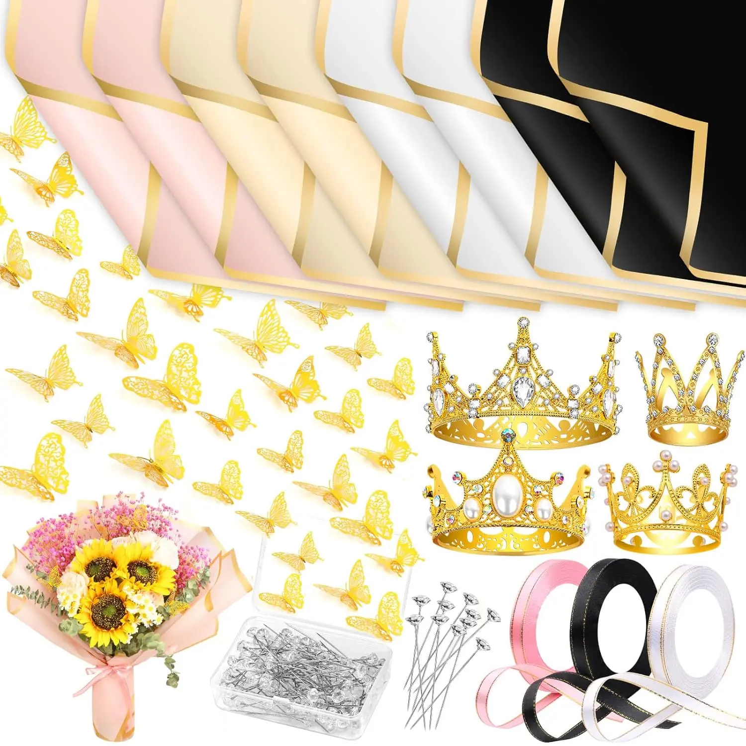 195Pcs Flower Bouquet Accessories Supplies, 40 Flower Wrapping Paper, 4 Gold Crowns, 48 Butterfly Decorations, 100 Flower Pins and 3 Ribbons for Mother's Day Wedding Graduation - Home Improvement.