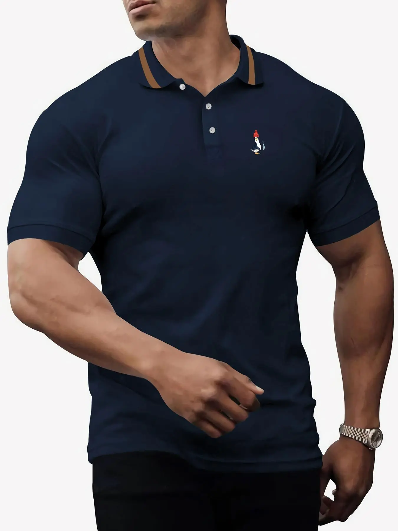 Plus Size Men's Cartoon Penguin Print Contrast Trim Button Front Half Placket Polo Shirt, Regular Fit Casual Comfy Short Sleeve Collared Top for Summer, Fashion Men's Clothes for Daily Wear