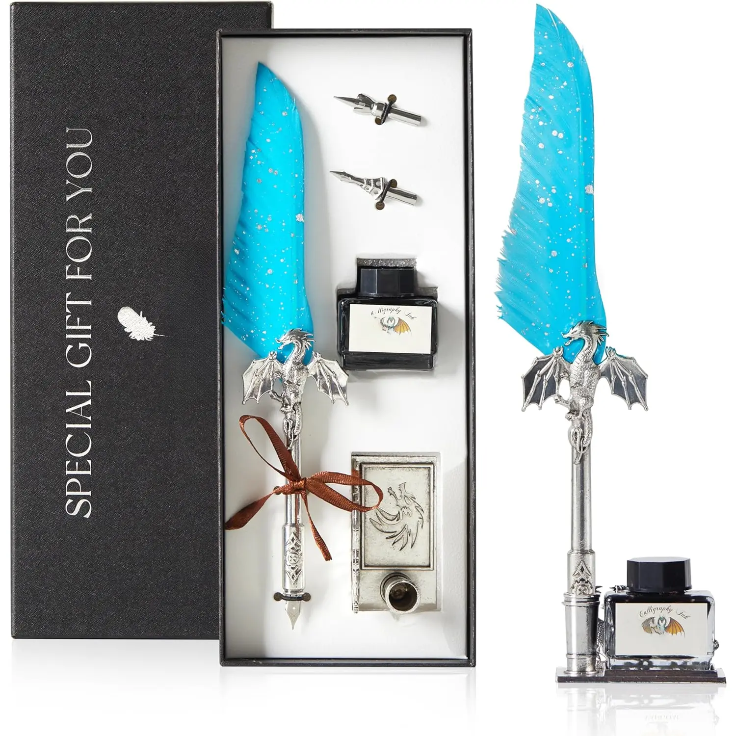 Dragon Quill Pen & Ink Set,  Dragon  Dip Pen  Set for Writing, Drawing & Desktop Decoration (Ice Blue)