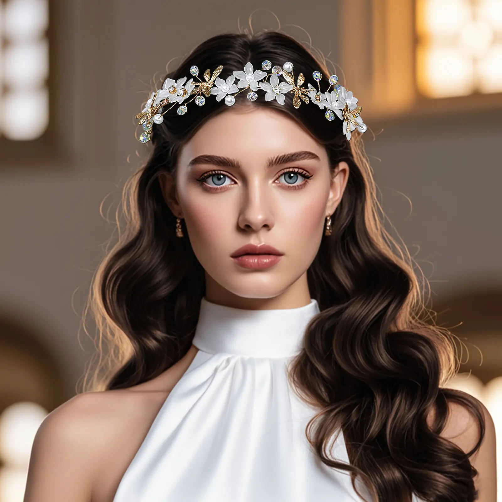 Gold Floral Crown Headband with Crescent Moons and Iridescent Crystals, Statement Halo Tiara for Weddings, Birthdays, and Goddess Costumes, Lightweight Hair Accessory