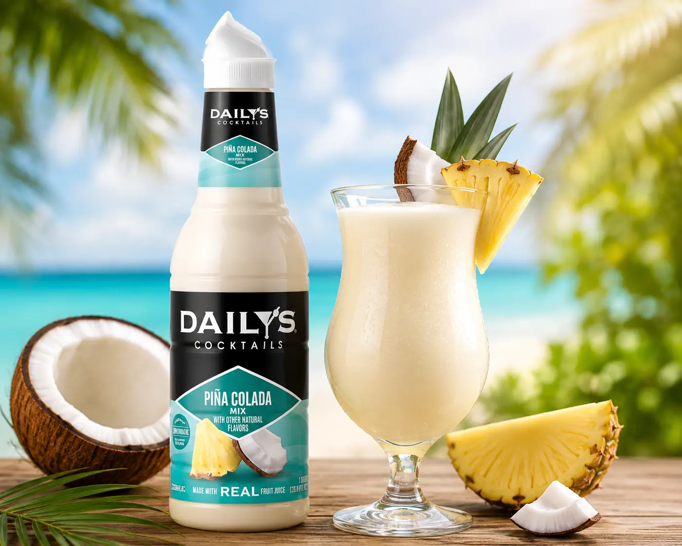 Dailys Pineapple Colada Concentrate Mix - Low Fat Tropical Drink, US Water-Based Ambient Room Temp Beverage for Parties, 1L Bottle, Versatile