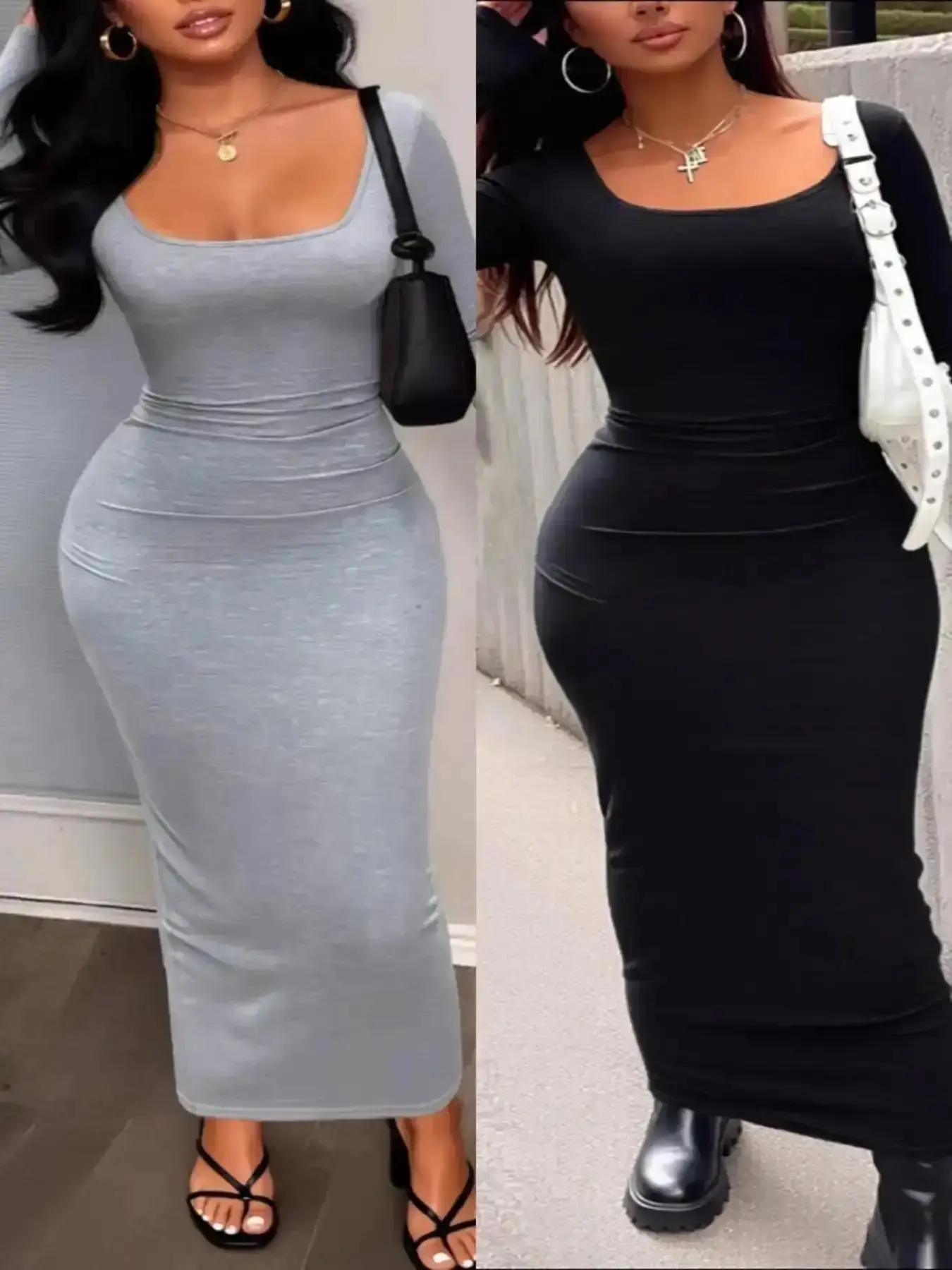 Women's Casual Elegant Minimalist Tight-Fitting Ribbed Dress, Wear, Womenswear, Low Neckline, Long Sleeve, Plain Color, Spring & Fall Fashion, Moderate Fabric Thickness, Kint Style, Elegance Chic loose fit party dress