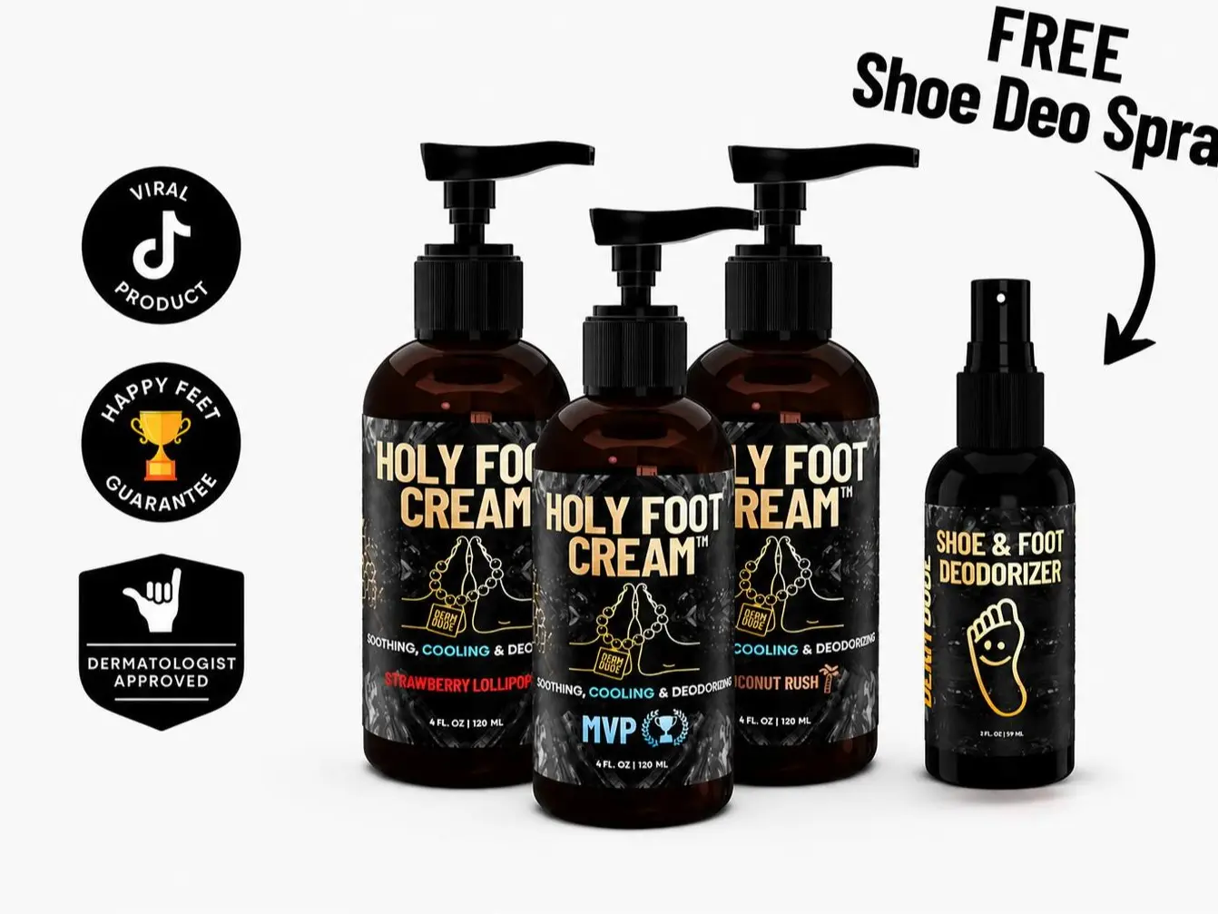 Holy Foot Cream 3-Pack+ Free Shoe Deo Spray – Hydrating & Smoothing Foot Care | Fresh Scent Moisturizer for Men | Soft & Comfortable Feel, Moisturizer Cream, Coconut