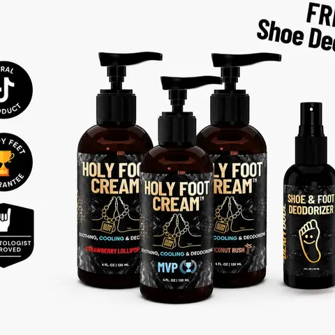 Holy Foot Cream 3-Pack+ Free Shoe Deo Spray – Hydrating & Smoothing Foot Care | Fresh Scent Moisturizer for Men | Soft & Comfortable Feel, Moisturizer Cream, Coconut