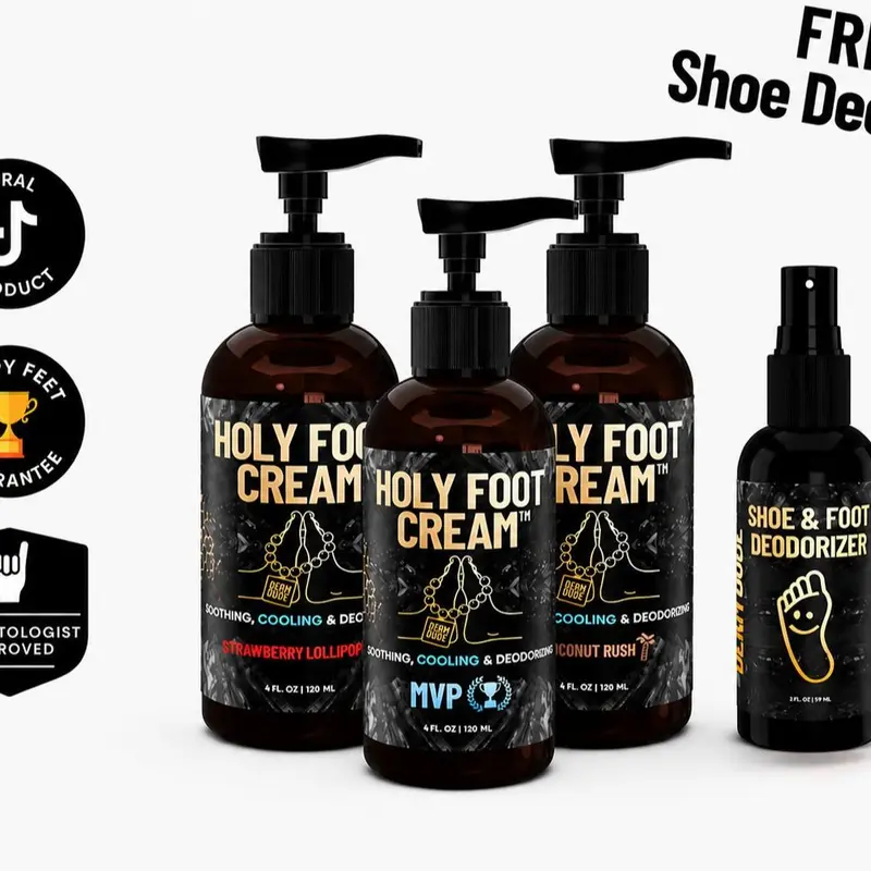 Holy Foot Cream 3-Pack+ Free Shoe Deo Spray – Hydrating & Smoothing Foot Care | Fresh Scent Moisturizer for Men | Soft & Comfortable Feel, Moisturizer Cream, Coconut