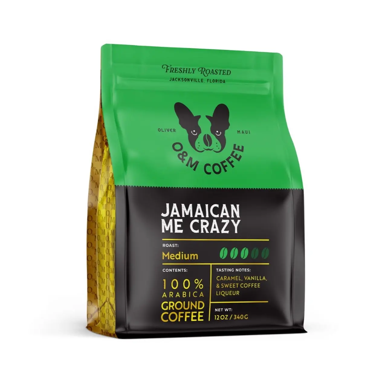 O&M Coffee Jamaican Me Crazy Dairy-Free 12 oz Sugar-Free Pack Beverage Coffee Medium Roast 100% Arabica Ground Caramel Flavor