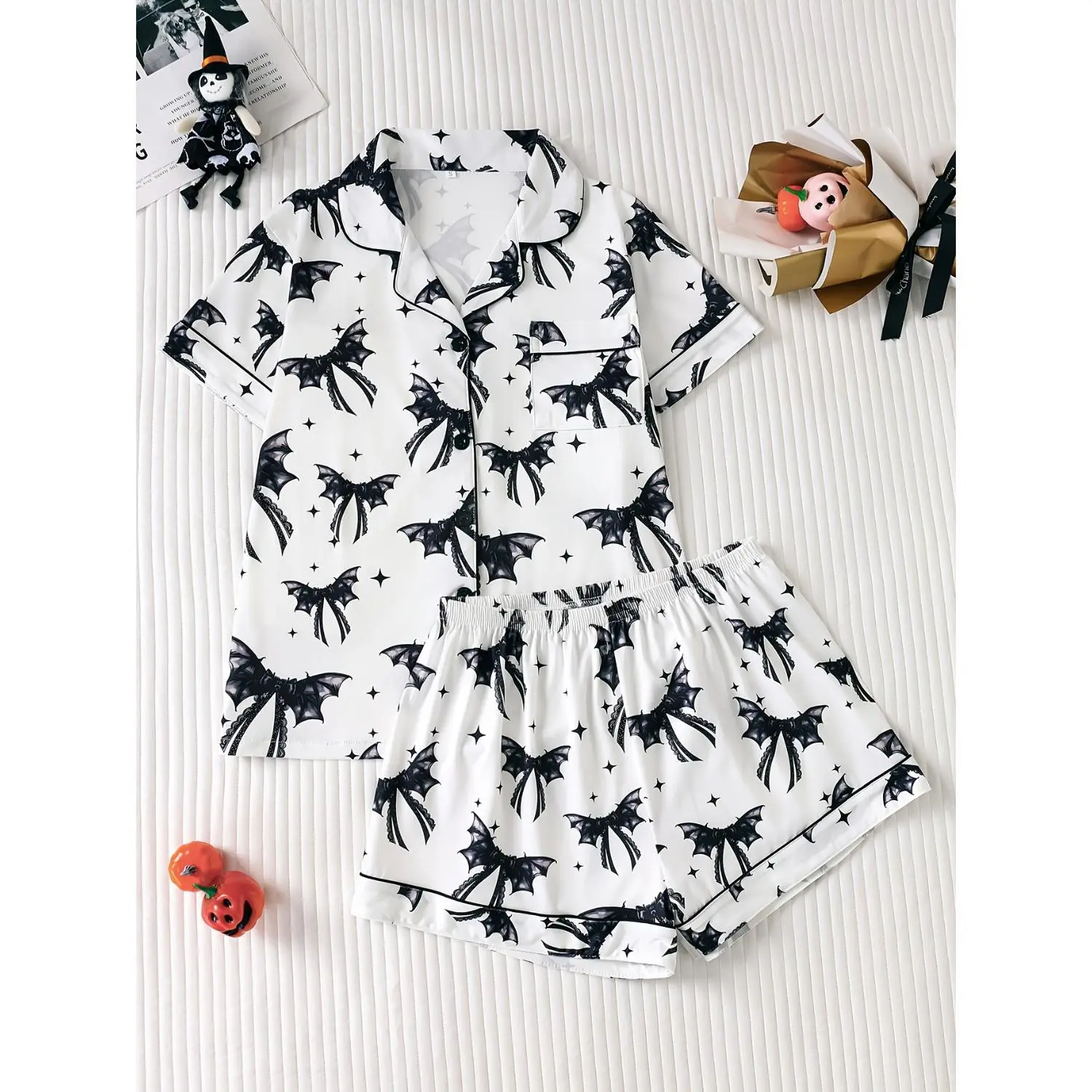 2-Piece Dark Aesthetic Star and Bat Print Satin Pajama Set for Women - Button-Up Short Sleeve Top and Shorts