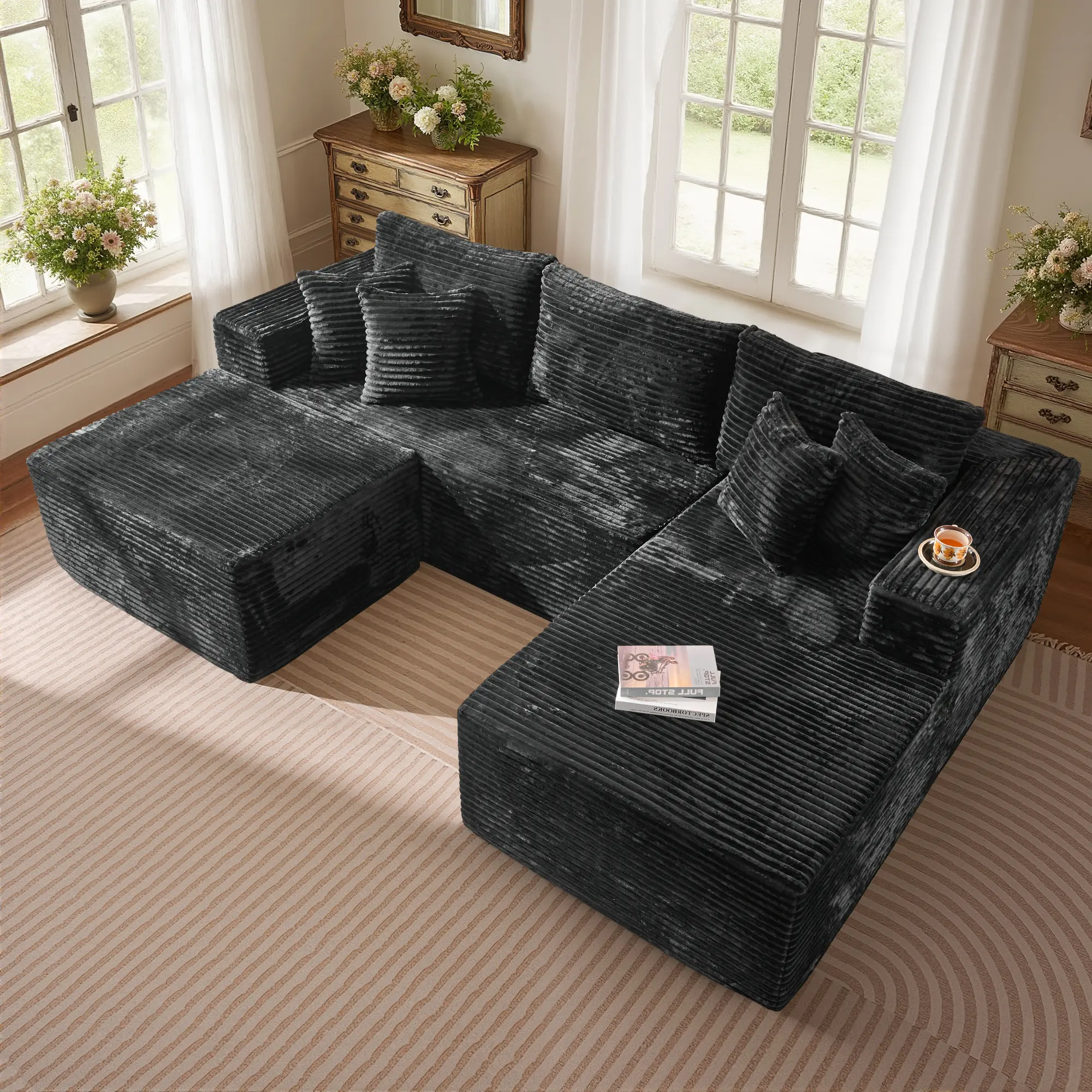 Black Plush Corduroy Right Chaise