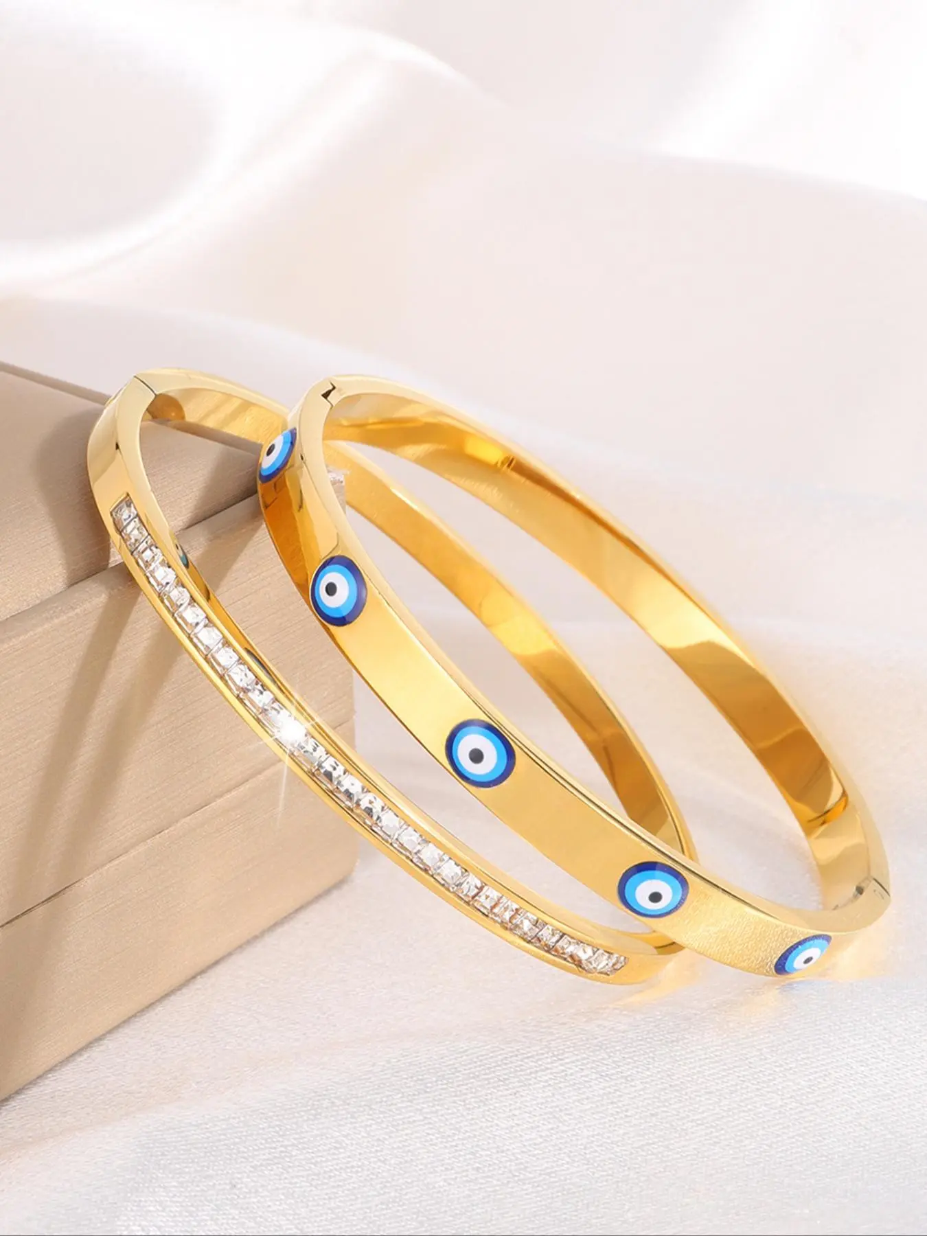 Evil Eye Design & Rhinestone Decor Bangle Bracelet Set, Fashionable Jewelry for Women & Men, Trendy All-match & Exquisite Jewelry for Birthday Gift, Trendy Stack Bangle, Trendy Bangles, Matching Bracelets