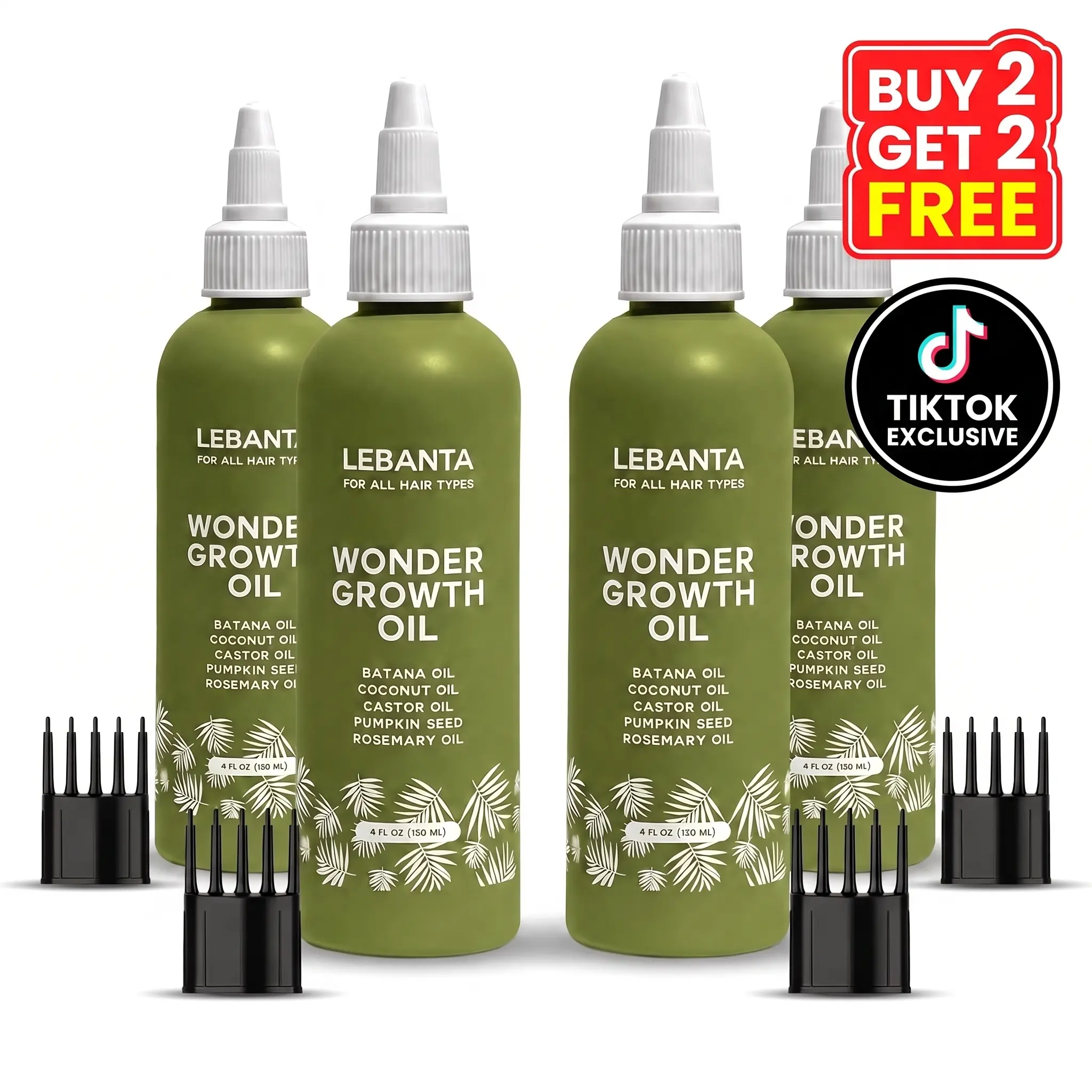 Lebanta Haircare Batana Oil for Hair Growth, Hydrating Scalp Serum for Thickening & Strengthening Hair, with Rosemary & Castor Oil, For Men & Women, (B2G2) 4 Pack, Batana Hair Oil, Vegan