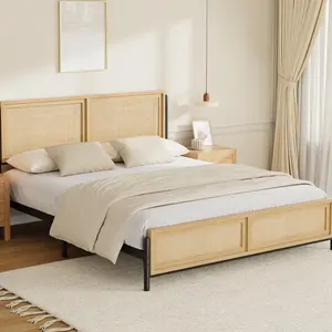 Full Rattan Bed Frame Queen with Natural Rattan Headboard and Footboard, Boho Platform Bed with Metal Slats, Wooden Side Rails, Noise Free, No Box Spring Needed