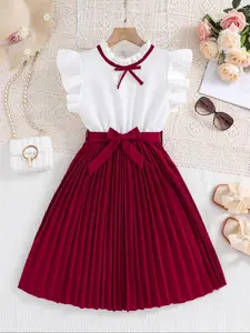 Girl's Patchwork Print Bow Decor Bubble Sleeve Dress, Lovely Bow Dress, Elegant Fashion Casual A Line Dress for Daily Outdoor Wear, Toddler Girls Dress for All Seasons