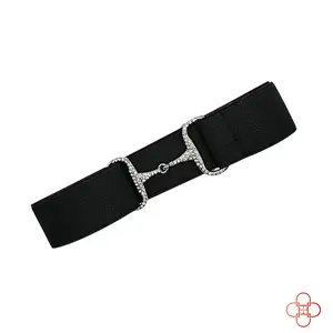CELAEQ 1.5 inch, Equestrian Belt for Horseback Riding, Adjustable Elastic Belts for Girls, Belt for Riding Breeches ( Classic Black with Silver Rhinestone Buckle)