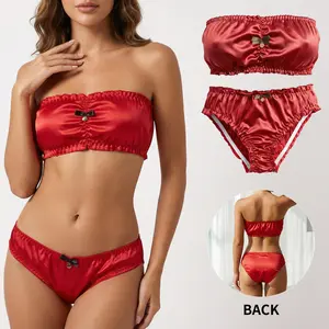 Women's 2-Piece Satin Fabric Bandeau Swimsuit Set - Solid Color Strapless Top and Panties with Frill Accents and Bow Details, Ideal for Bridal Wear and Valentine's Day Gifts