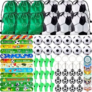 110 Pcs Soccer Party Favors for 12 Sets Sports Party Supplies Drawstring Bag Backpack with Keychains Mini Soccer Stress Ball Slaps Bracelets Goodie Bag Stickers Presents Gift Set