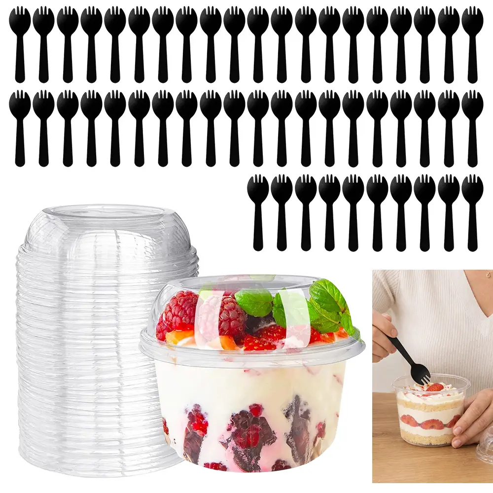 Food Grade 50-Pack 12oz Stackable Disposable Dessert Cups & Bowl Set - Transparent Round Plastic, Dome Lids & Spoons, Party Cups, Plastic Dinnerware for Picnic, Ice Cream, Party Cups Disposable