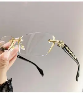 Luxury Frameless Transparent Reading Glasses with Diamond Cut Edges & Stylish Metal Temple Decorations for Reading Computer Games & High-Definition Street Style Visuals - Clear, Daily(Transparent lenses without graduation numbers)