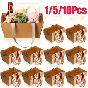 Kraft Paper Gift Basket, Housewarming Basket, Birthday Gift Basket, Candy Box, Wedding Decoration, Desktop Storage, Dried Fruit Organizer, Empty Christmas Gift Basket With Handle, Size: 9.8 X 6.5 X 4.3 Inches - Suitable For Gift Packaging