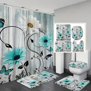 1/3/4pcs Blue And White Daisy Style Bathroom Shower Curtain, Shower Curtain With 12 Hooks, Bathroom Rug, Toilet U-Shape Mat, Toilet Lid Cover Pad, Bathroom Decor, Shower Curtain Sets For Bathrooms