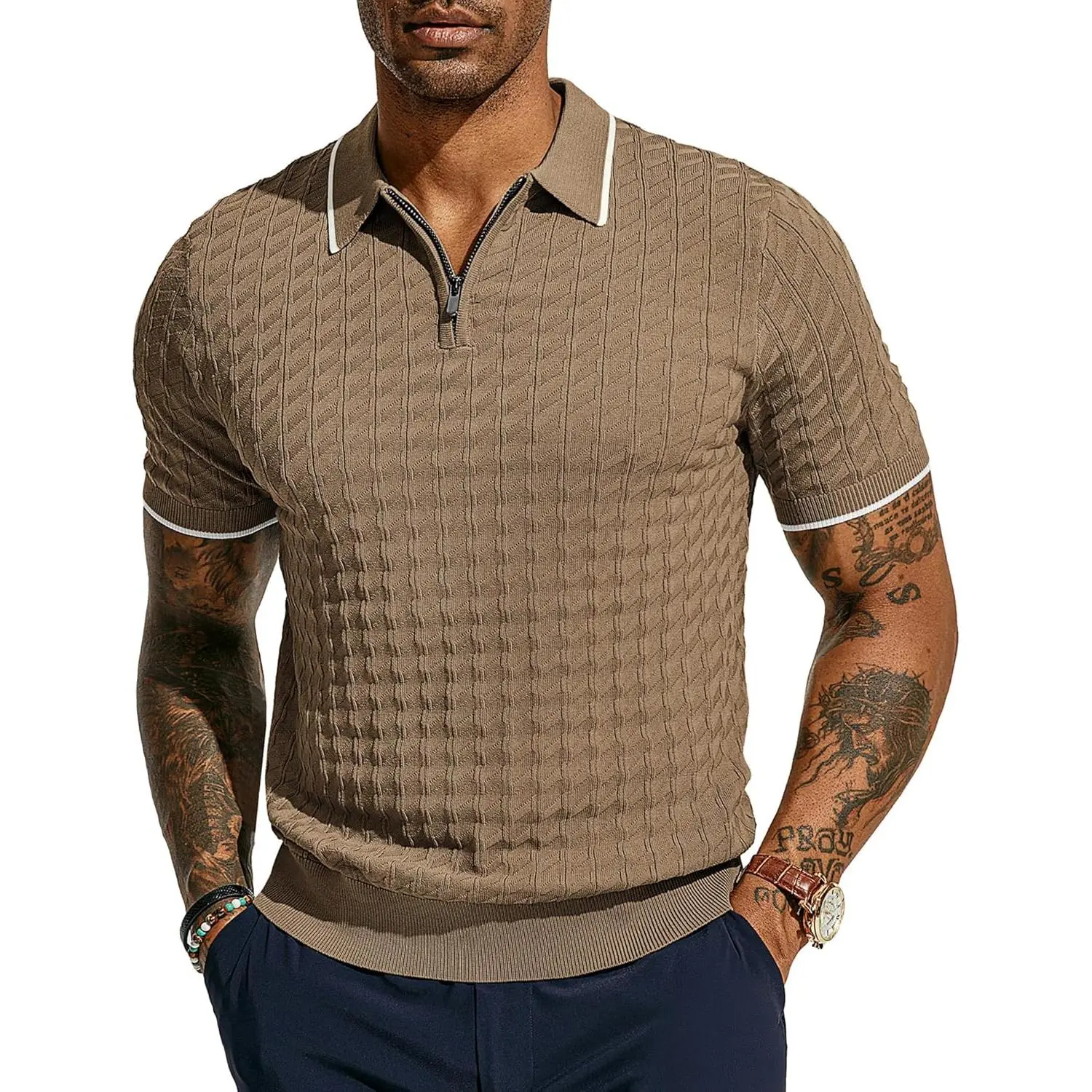 PJ PAUL JONES Men's Knit Polo Shirts Short Sleeve Quarter Zip Polo Shirt