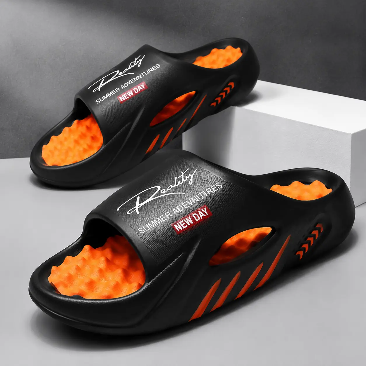 Men's Slip-On Casual Slides with Anti-Slip Outsoles, Lightweight EVA Fashion Footwear with Hollow Cut-Outs and Thick Cushioned Soles, Minimalist, Letters, Street, Breathable, Slippers, Flexible, Eva Upper, Ankle