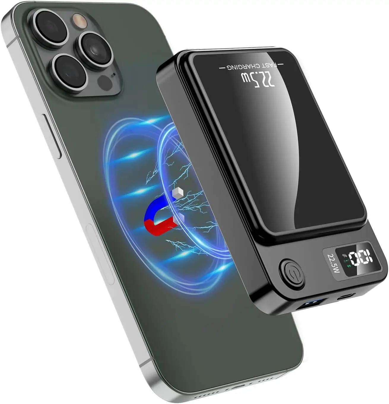 Digital Power Display 10000 mAh Wireless Magnetic Power Bank for iPhone & Android Phones, Compact and Portable Charger Chargeable Smartphone Battery