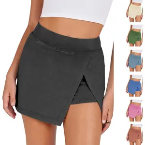 Tanming Washed Mini Skorts for Women High Waist Split Hem Casual Fitted Athletic Bodycon Skort Mini Skirts with Shorts Cotton Spandex Fabric Comfortable for Active Wear Stretchy Elastic Waist Design