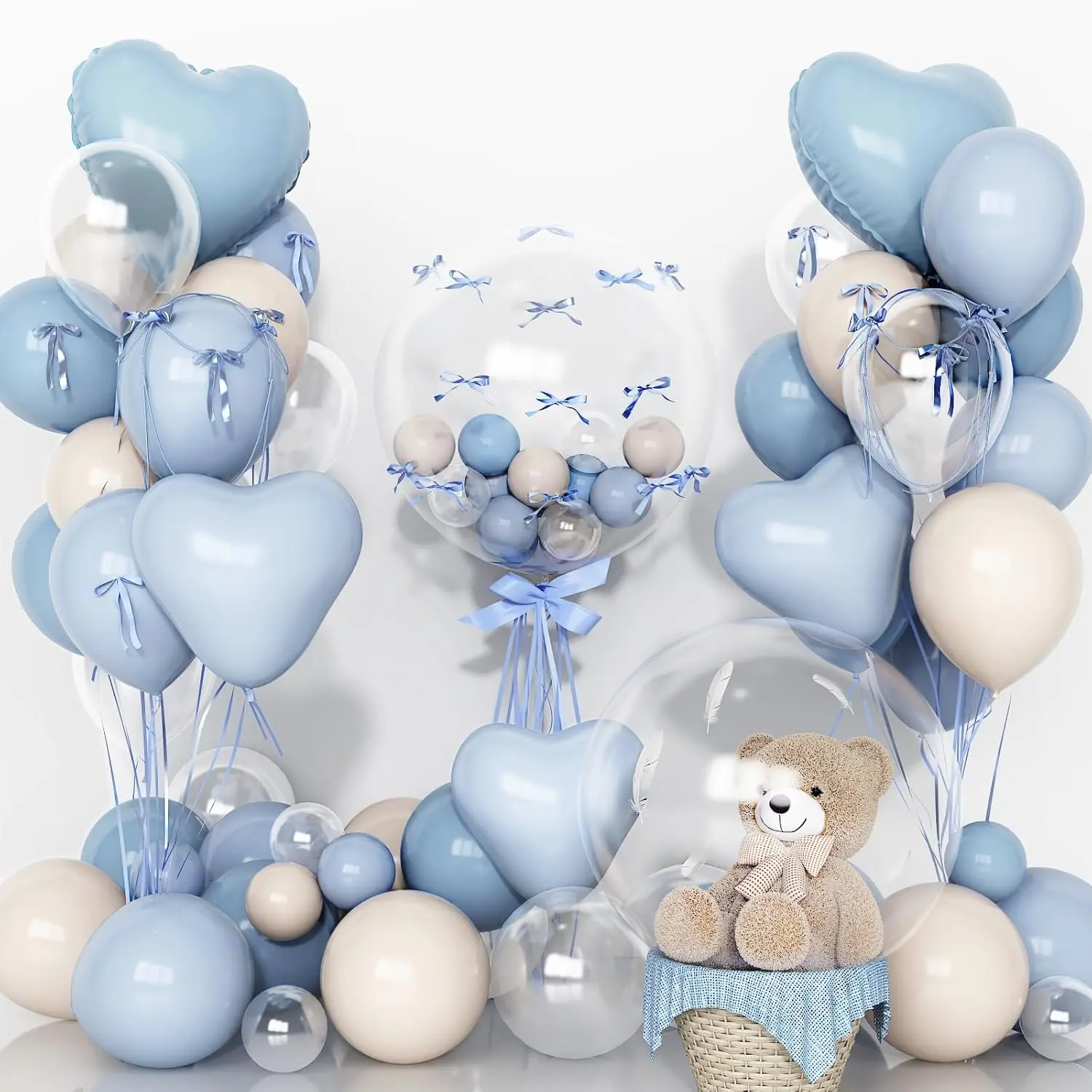 Baby Light Blue Cream Balloons Party Decorations, 20 Inch Bobo Pale Pastel Blue and White Sand Balloons Heart Shaped Balloons, Heart Mylar Shape Balloon, OH Baby Shower Foil Balloon as Boys Girls Birthday Decor Balloon Set Balloon Party Supplies