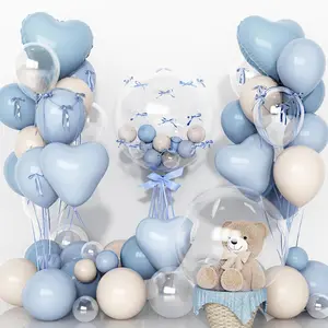 Baby Light Blue Cream Balloons Party Decorations, 20 Inch Bobo Pale Pastel Blue and White Sand Balloons Heart Mylar Shape Balloon, OH Baby Shower Foil Balloon as Boys Girls Birthday Decor Balloon Set
