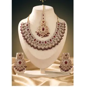 Devika Bollywood Polki Necklace Set: Indian Bridal Jewelry Necklace, Earrings & Tikka