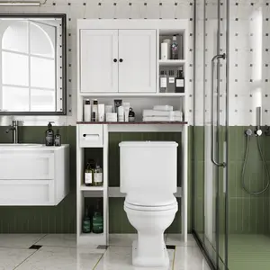 Over The Toilet Storage Cabinet, 7-Shelf Freestanding Bathroom Organizer, Wood Toilet Rack with Paper Holder, Double Doors & Open Cubbies, Space Saver Shelf for Small Bathrooms, White