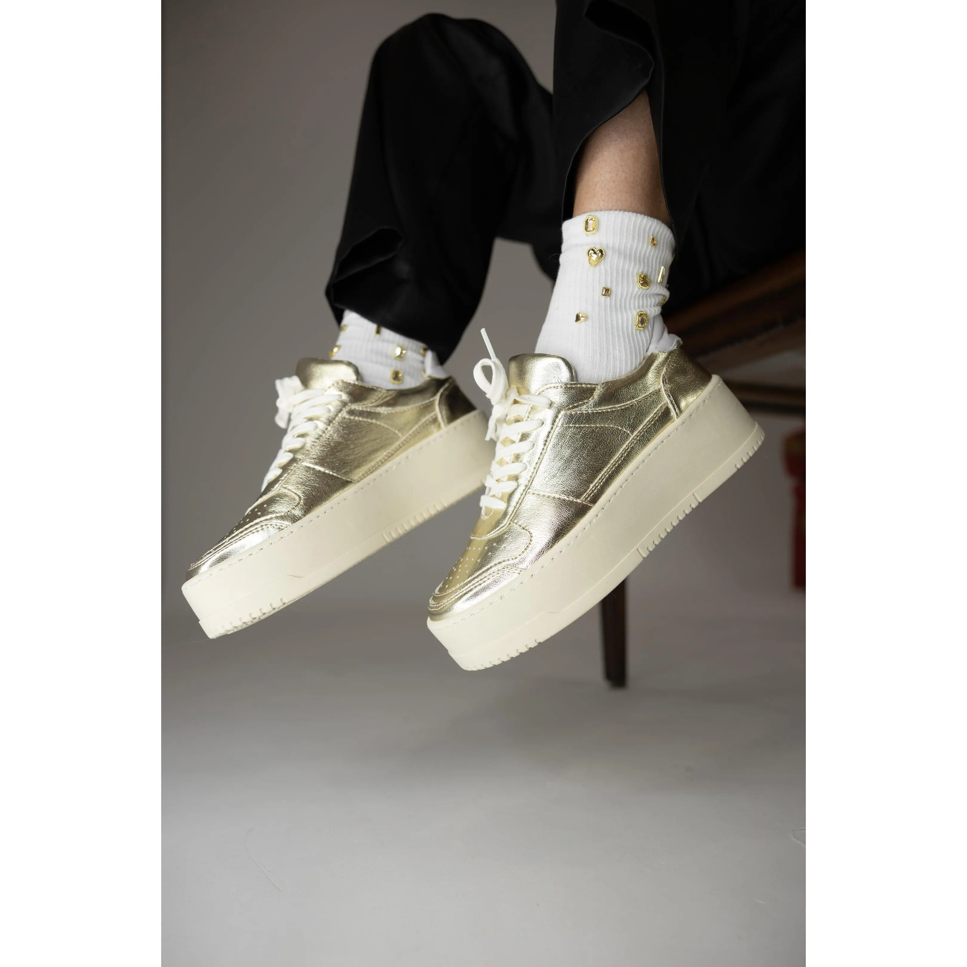 FIERCE Metallic Gold Platform Sneakers for Women | Trending Lightweight Lace-Up Sneakers, Sports Shoes, and Designer Trainer Sneakers Made in Italy