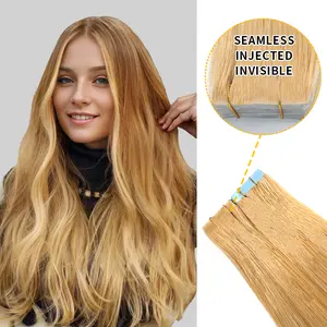 YILITEHAIR #27 Strawberry Blonde Invisible Tape In Extensions Virgin Human Hair Long Straight 20Pcs