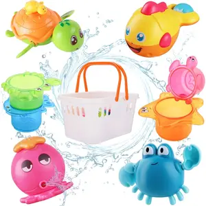 Baby Bath Toys w/ Organizer, Water Squirting Octopus, Wind Up Swimming Turtle, Bathtub & Shower, Stacking Cups, Gift for 6, 9, 12, 18 Months 1, 2, 3 Years, Toddlers, Girls, Boys & Kids