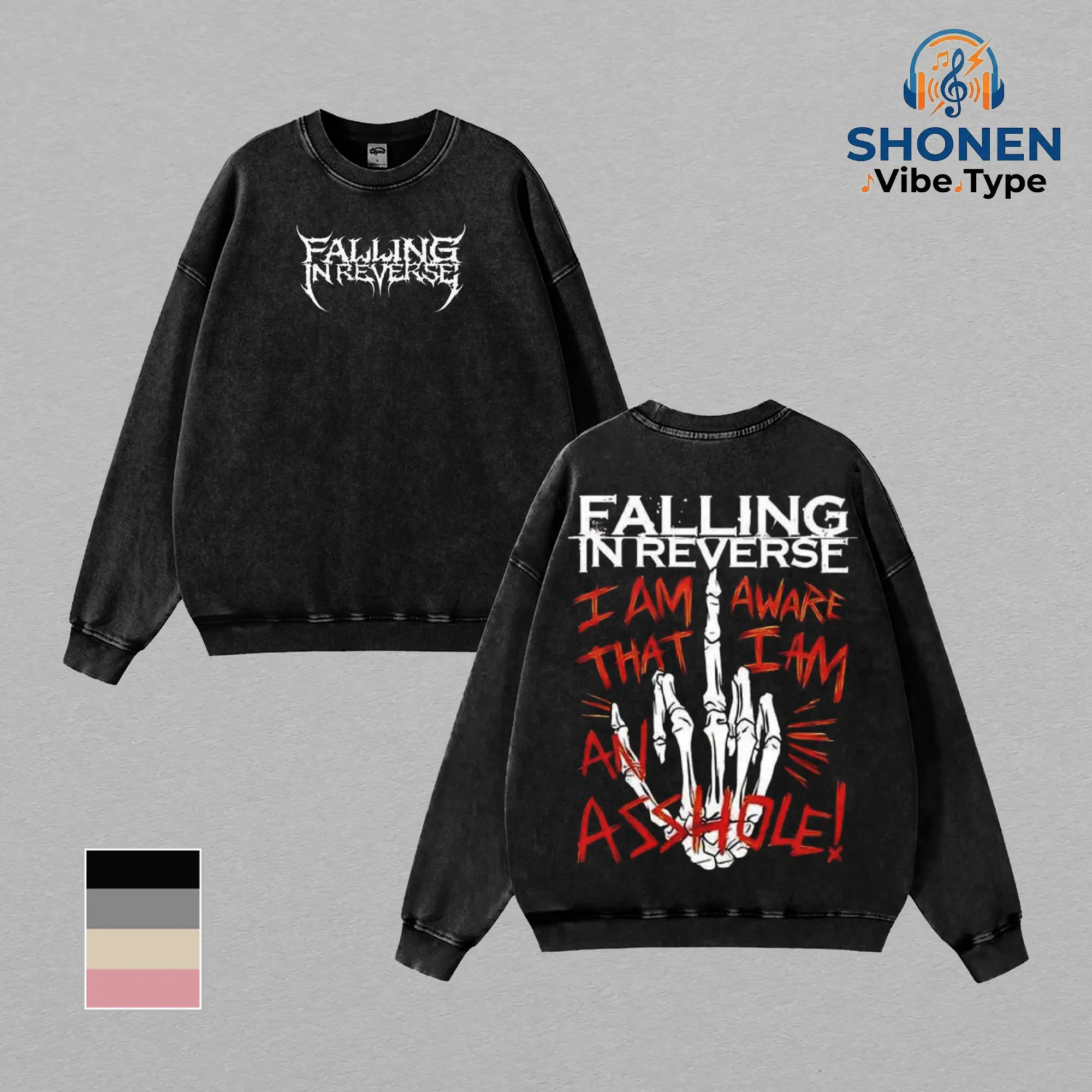 Falling In Reverse Skeleton Middle Finger Vintage Stone Wash Tee, Hoodie & Sweatshirt, Oversized Heavyweight Pullover, Streetwear for Men, Metalcore Band Merch, Edgy Graphic Gift