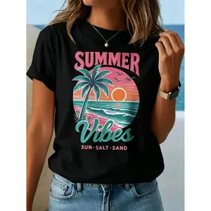 Pastel Pink and Turquoise Palm Tree T shirt for Women Lightweight Breathable Summer Beach Vacation Top Relaxed Fit Short Sleeve Casual Hawaiian Shirt for Poolside Outfits Travel Wardrobe Essential Ideal Holiday Outfit Gift