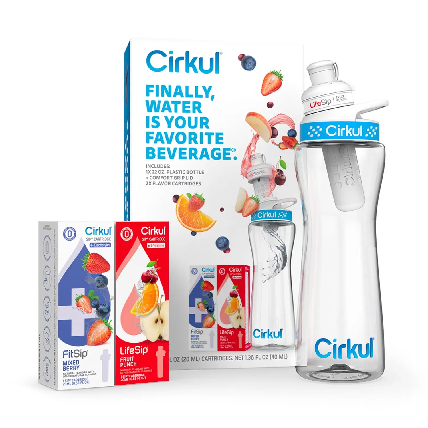 Cirkul 22oz Plastic Water Bottle Starter Kit with Blue Lid and 2 Flavor Cartridges (Fruit Punch & Mixed Berry) - Perfect for your drinks - Drinkware