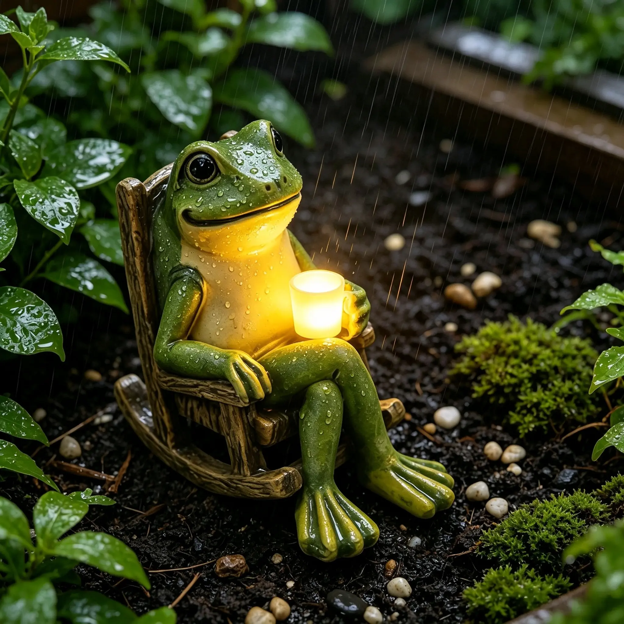 Solar Powered Frog Garden Statue Outdoor Decor - Waterproof Light Up Rocking Chair Frog Figurine for Patio Yard Lawn