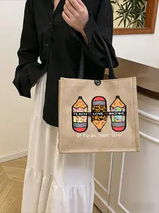 Simple Linen Tote Bag, Printed HandbagPlayful Teacher-Themed Jute Tote Bag - Stylish Brown Bag with Black Handle and Toggle Clasp, Colorful Pencil Graphics, "TEACH ♥ LOVE ♦ INSPIRE" Text, Ideal for Teachers, Gifts and Daily Use.Large Capacity, Reus