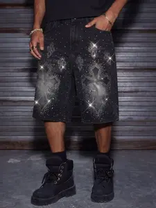 Men's Y2K Gothic Glitter Denim Shorts, Loose-Fit Button Fly, Casual Above-The-Knee, Perfect for Music Festivals, Concerts, Nightclubs