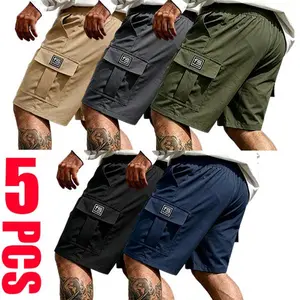 Menswear 5-Pack Men's Cargo Shorts, Mid Waist, Adjustable Drawstring, Lightweight Quick-Drying Loose-Fitting, Multiple Pockets, Casual Versatile, Suitable for Everyday Wear, Outdoor Activities, Gifting Friends, Khaki + Green + Gray + Black + Misty Blue, P