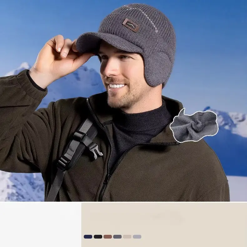 Men's Knit Beanie with Visor – Wool Lined Skull Cap & Earmuffs for Winter
