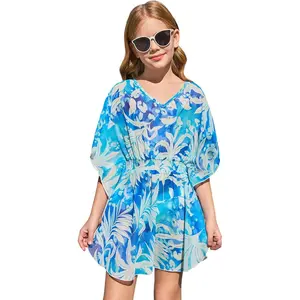 Haloumoning Girls Chiffon Swim Beach Cover Up Kids Cute Elastic Waist Printed Bathing Suit Coverups 5-14 Years