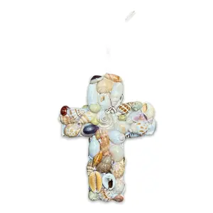 Double Sided Cross Ornament with Natural Seashells - 4-in
