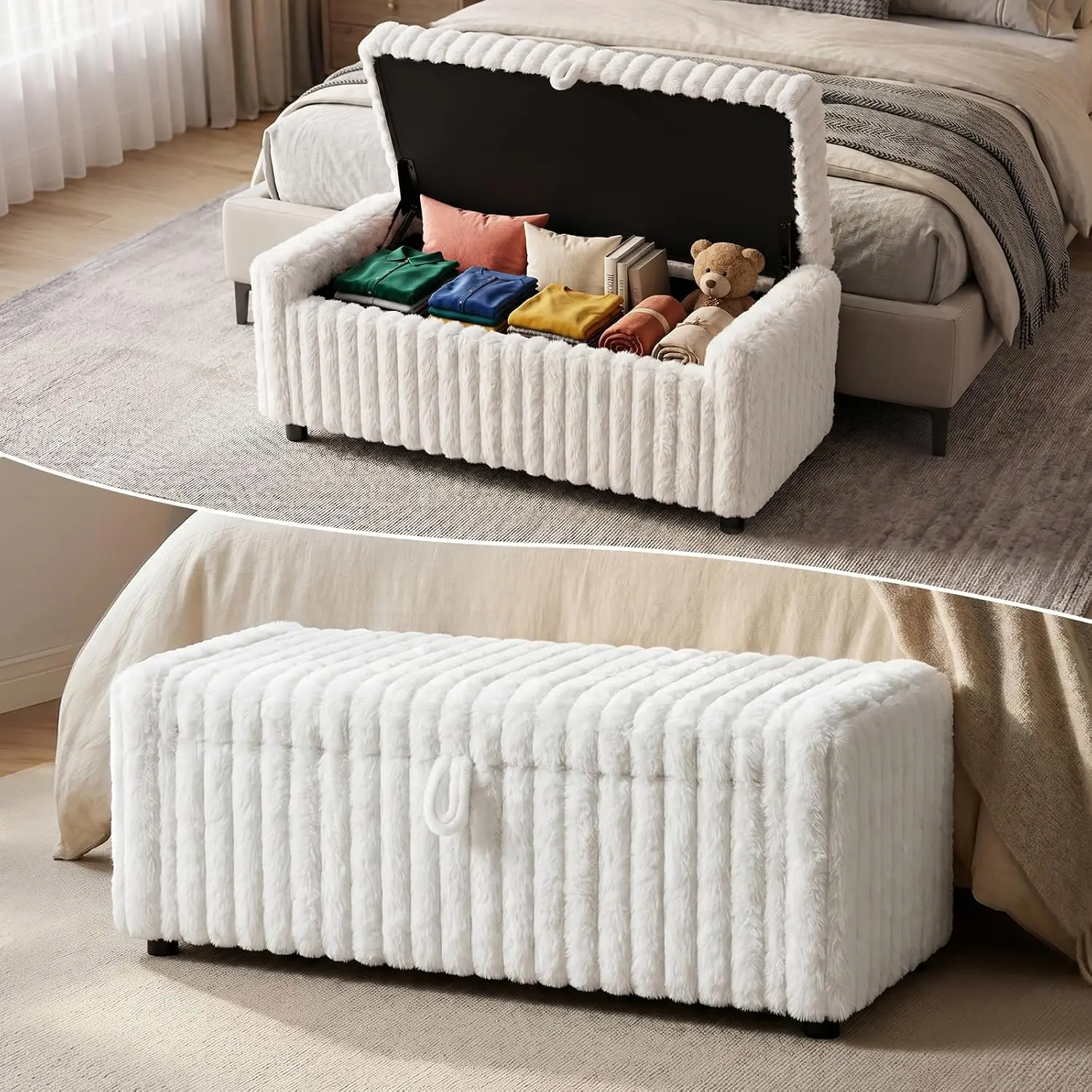 46" Storage Ottoman Bench, Long Faux Fur Storage with Handles & Soft-Close Hinged Lid for Blankets and Clothes, Load 350 lbs, End of Bed Bench for Bedroom, Closet & Vanity Room