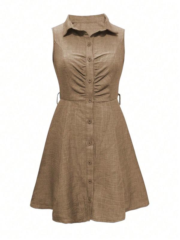 Solid Button Front Belted Shirt Dress For Summer Khaki Sleeveless A Line High Waist Flared Hem Casual Night Out Dress