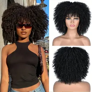 Ourwigs 12 Inch Short Afro Kinky Curly Hair Wigs for Women Fluffy Glueless with Bangs Synthetic Full Machine Wigs for Daily Party Christmas Gifts Thanksgiving