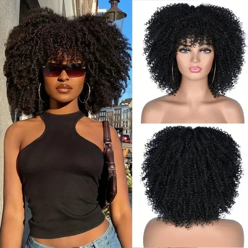 【Biggest Sale】Ourwigs 12 Inch Short Afro Kinky Curly Hair Wigs for Women Fluffy Glueless with Bangs Synthetic Full Machine Wigs for Daily Party Christmas Gifts Thanksgiving
