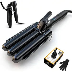 3 Barrel Curling Iron, 1 Inch Ceramic Tourmaline Hair Waver Wand with LCD Temperature Display, Fast Heating Foldable Crimpers for Travel Glove Included (Black)